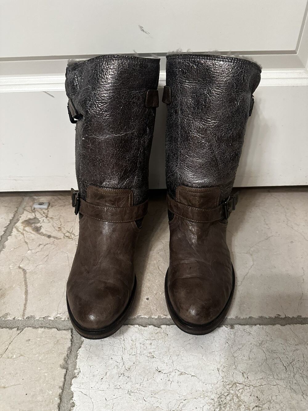 Latitude Femme Made In Italy Mid Calf Boots Crinkled Grey/Brown Fur Size 36/6